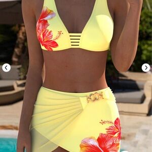 Yellow Floral Bikini Set with Tropical Print and Wrap Skirt